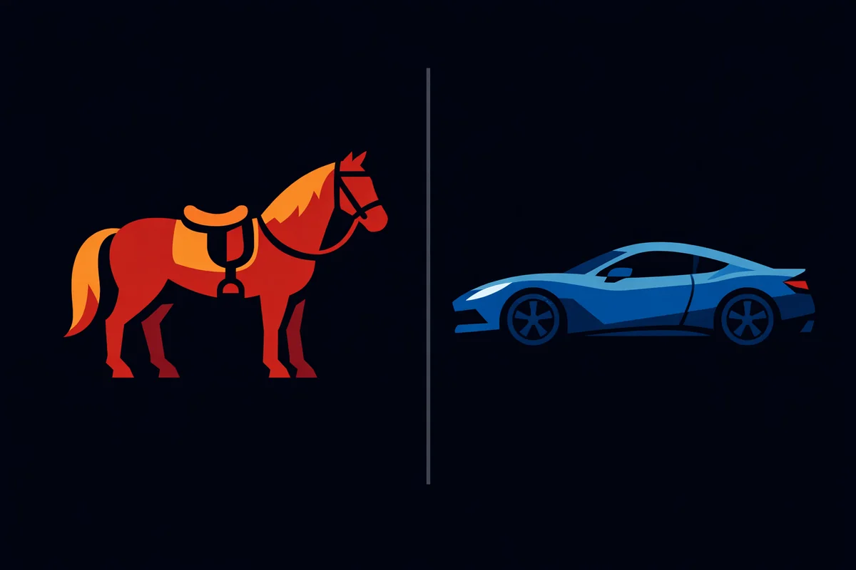Flat illustration of a saddled horse in red on the left and a modern car in blue on the right, in matching geometric style
