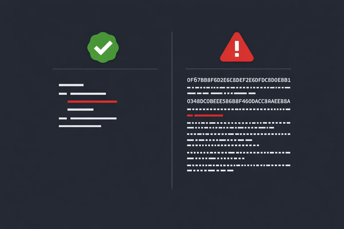 Two code blocks side by side: a short clean block marked with a green check, and a longer block full of hexadecimal hashes marked with a red warning