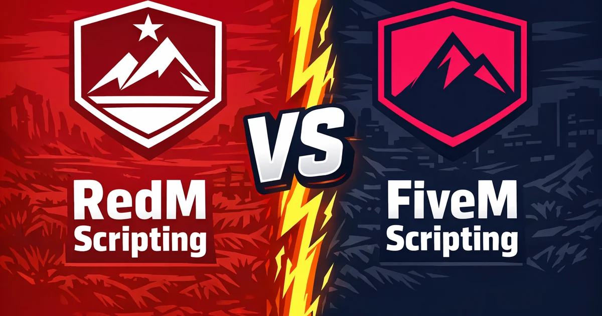 RedM Scripting versus FiveM Scripting: a red western half and a dark blue city half split by a lightning bolt, with a large VS in the centre