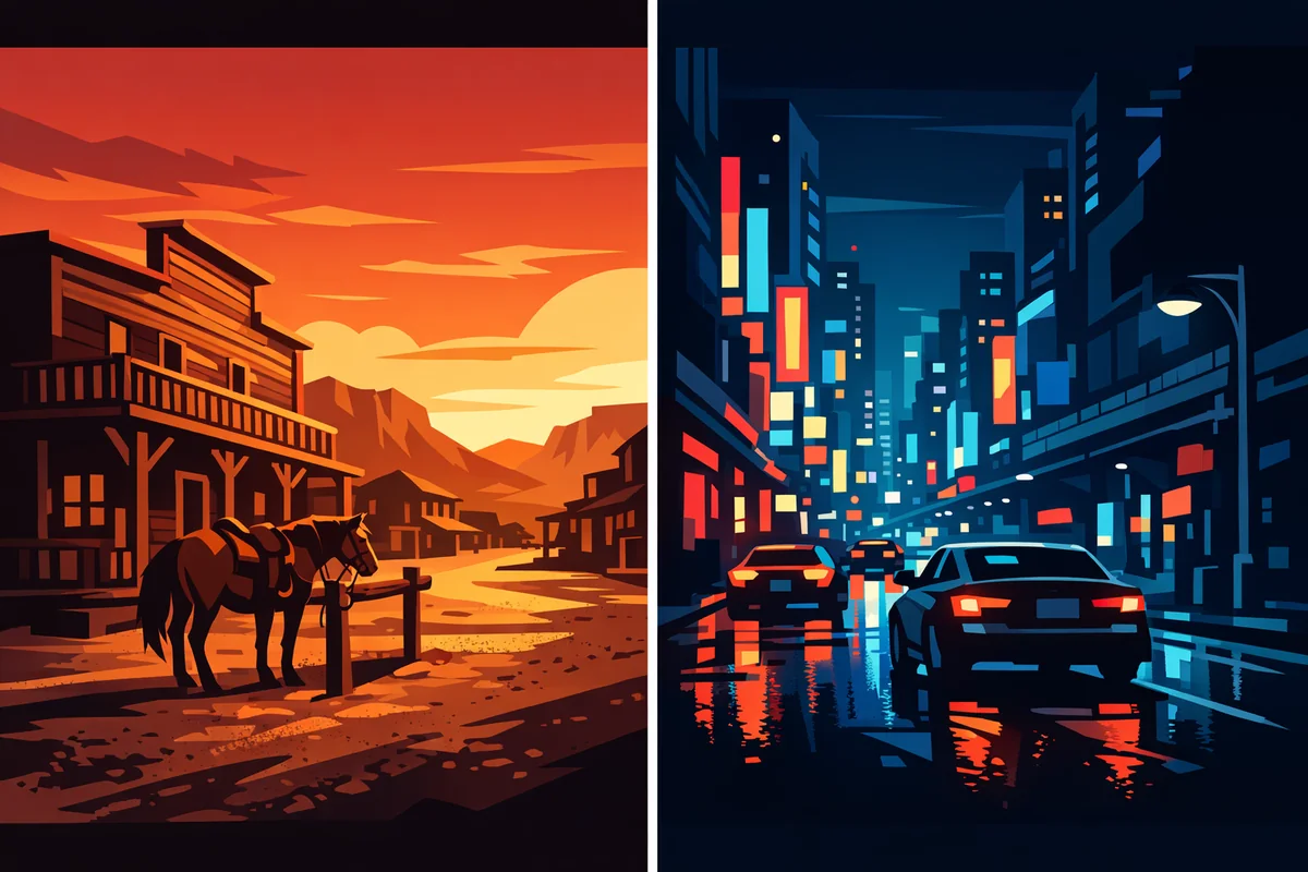A 1899 frontier town at sunset on the left, a neon modern city street at night on the right, split down the middle
